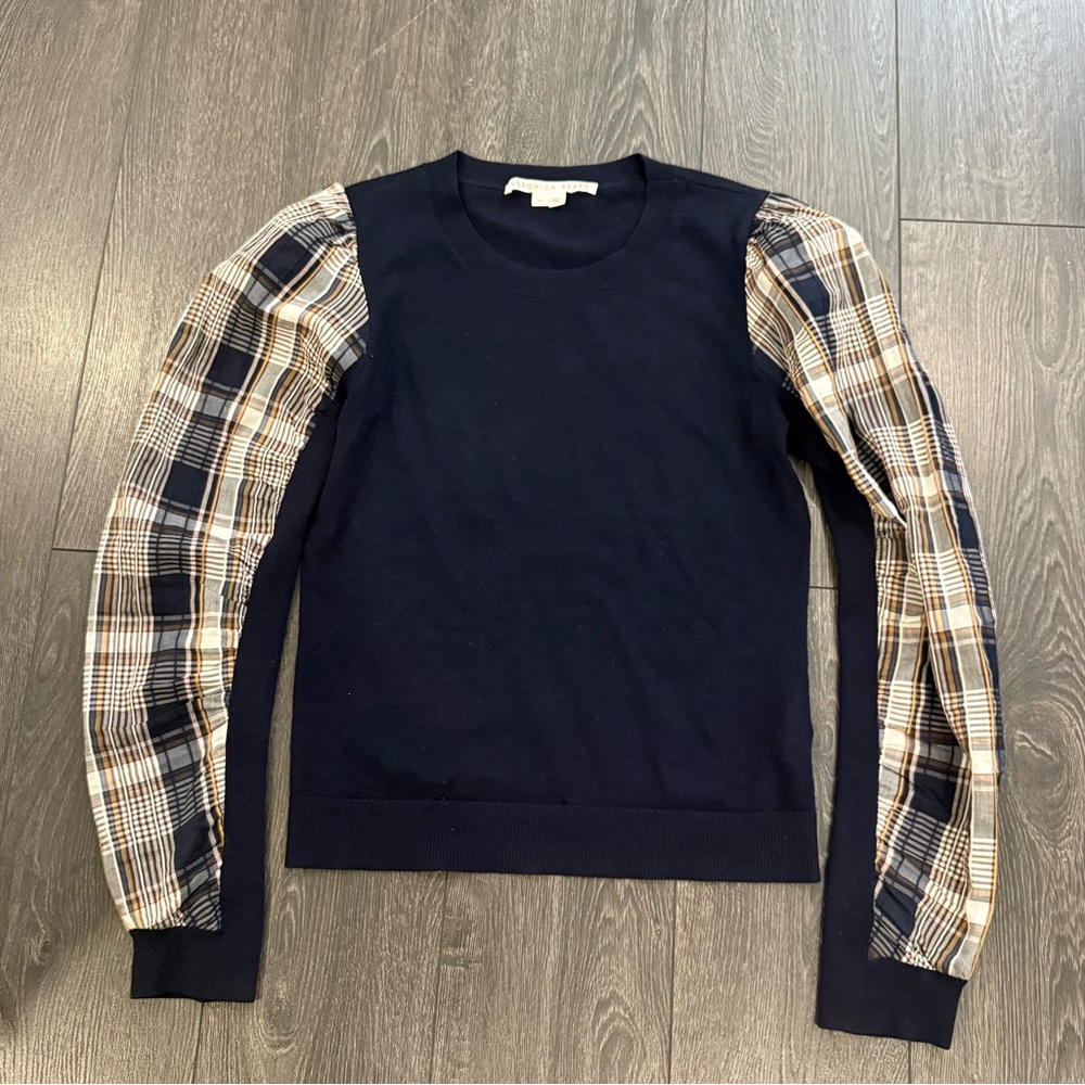 Veronica Beard Navy Sweater with Plaid Sleeves